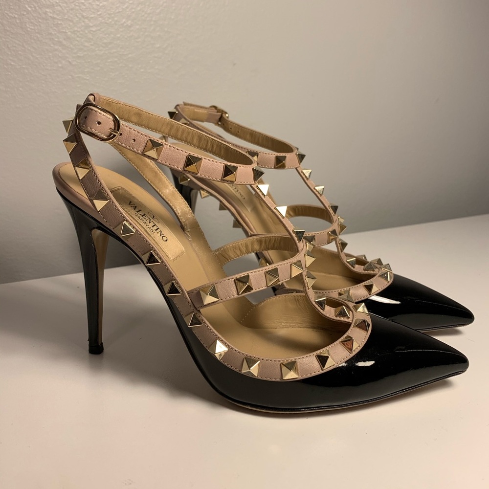 Valentino Black Patent & Nude Rockstud T-Strap Pumps